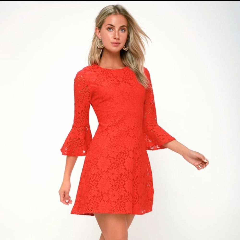 Flair Red Lace Flounce Sleeve Dress